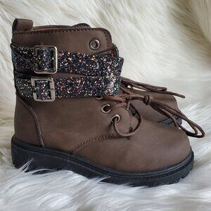 Blue Girls' Brown Glitter Strap Zip Lace Boots SZ 6